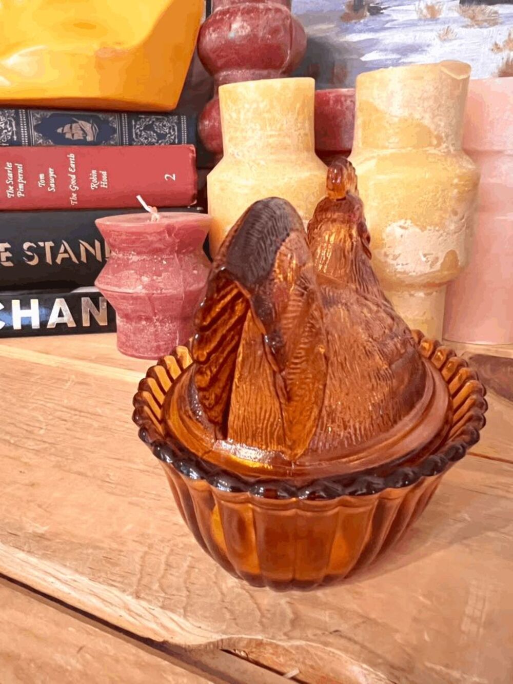 Mosser Glass Amber Rooster on Nest Westmoreland Mold Rosso Exclusive 5" Candy Di